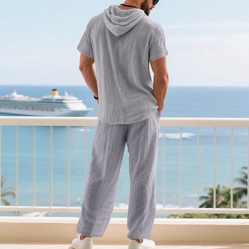 Men's T-shirt Suits Shirt and Pant Sets 2 Pieces Outfits Short Sleeve Hooded Summer Spring Plain Fashion Casual Drawstring 2 Piece Buttons Vacation Daily Wear Going out Black White Yellow Top Tee for