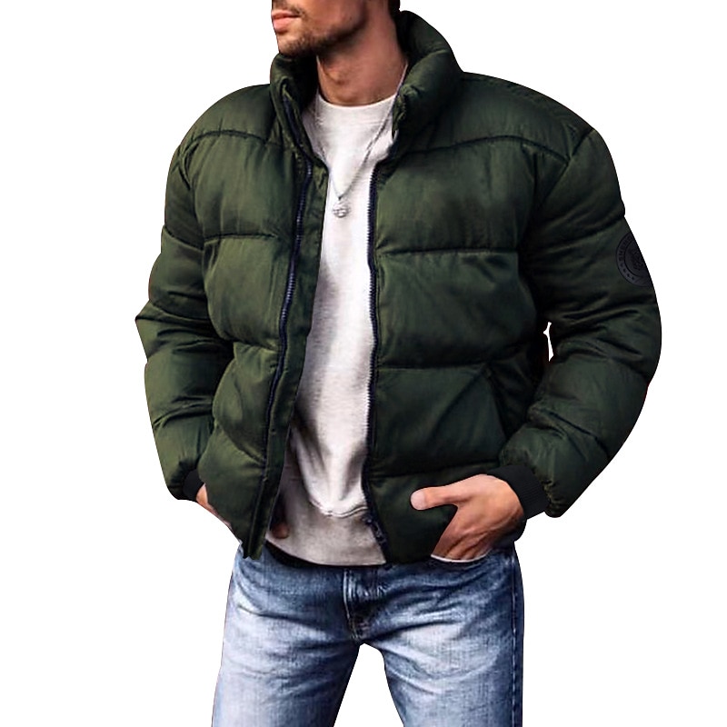 Men's Winter Coat Winter Jacket Puffer Jacket Cardigan Pocket Zipper Pocket Going out Casual Daily Hiking Windproof Warm Winter Pure Color Black Red Light Grey Army Green Puffer Jacket