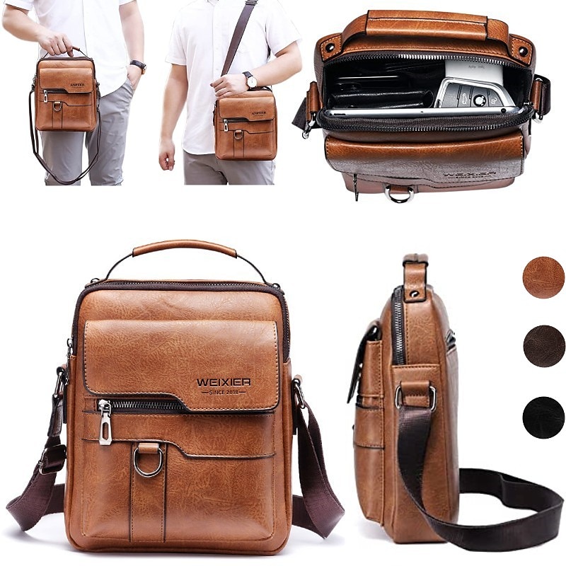 WEIXIER Crossbody Bag Men's Shoulder Bag Vintage Leather Vertical Hand Business Men's Casual Leather Bag Satchel Bag For Men