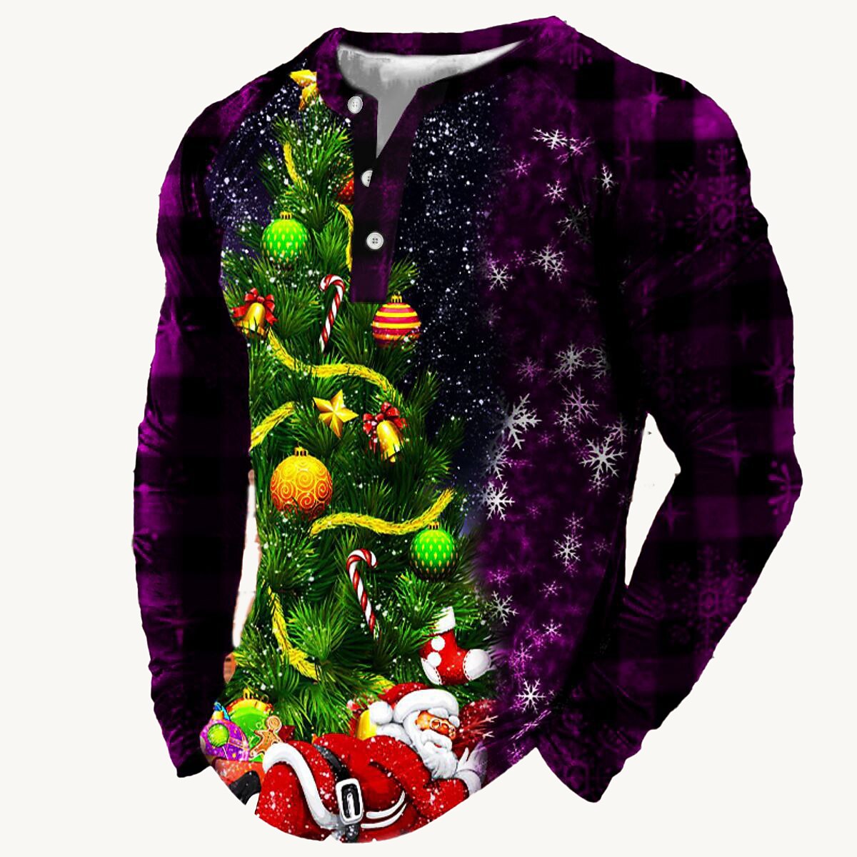 Christmas T Shirt Men's Henley Shirt T shirt Tee Tee Graphic Tree Santa Claus Henley Black Wine Army Green Red Royal Blue 3D Print Daily Sports Long Sleeve Patchwork Button-Down Clothing Apparel