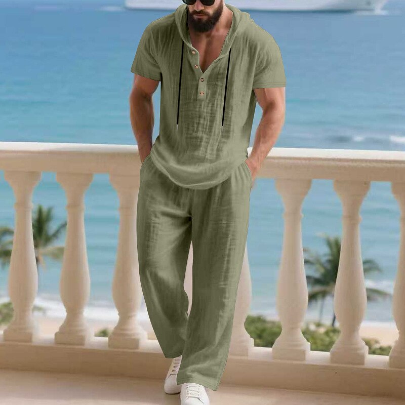 Men's T-shirt Suits Shirt and Pant Sets 2 Pieces Outfits Short Sleeve Hooded Summer Spring Plain Fashion Casual Drawstring 2 Piece Buttons Vacation Daily Wear Going out Black White Yellow Top Tee for