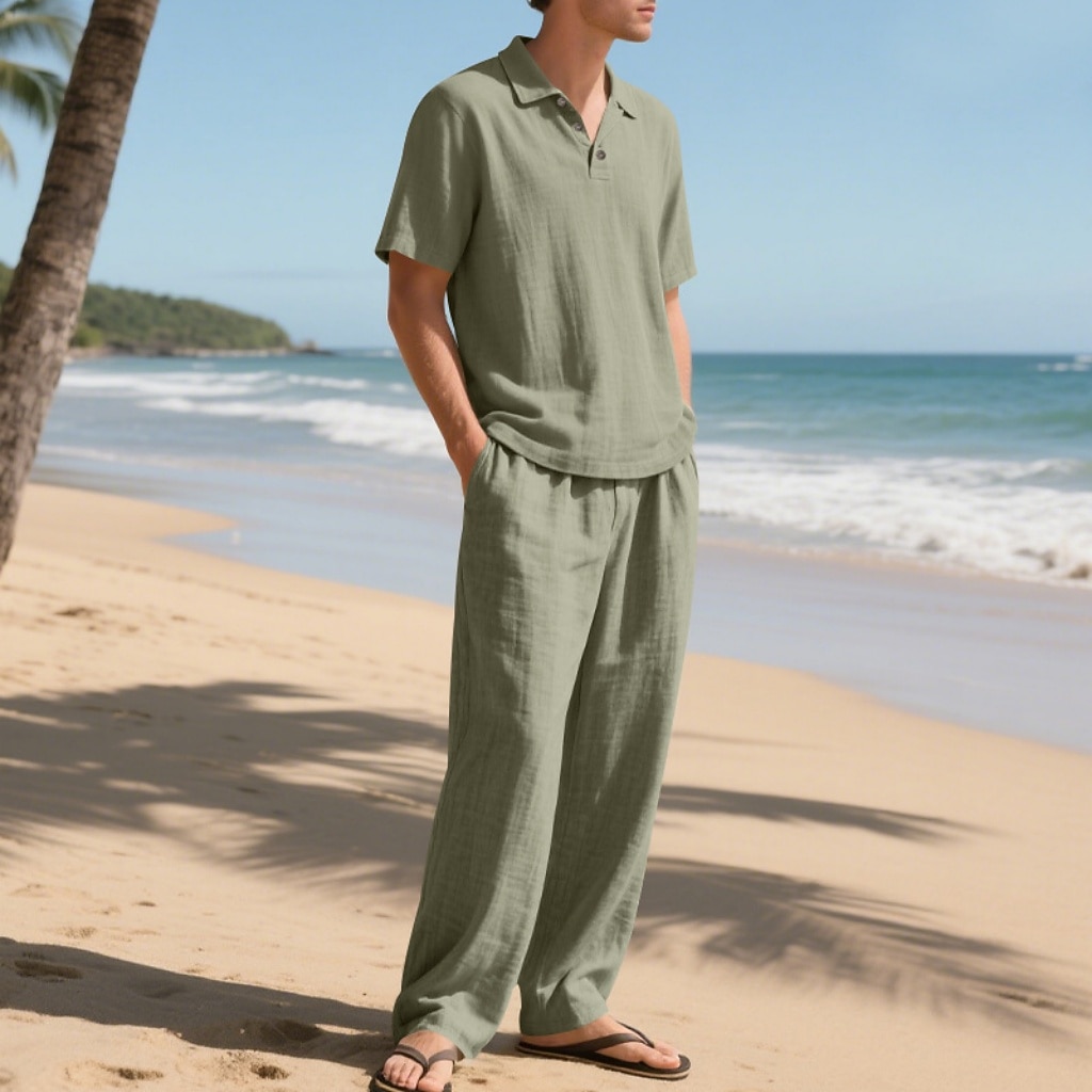 2-Piece Men's Linen Shirt  Popover Shirt And Linen Pants Trousers Casual Pants Set Plain Daily Outdoor Beach Turndown Short Sleeve Summer Spring Fashion Casual Comfortable Clothing Apparel