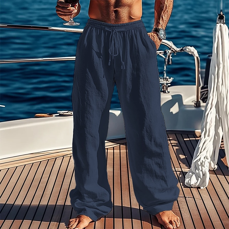Men's Linen Pants Trousers Summer Pants Beach Pants Pocket Drawstring Plain Comfort Breathable Vacation Daily Holiday Hawaiian Boho Black White