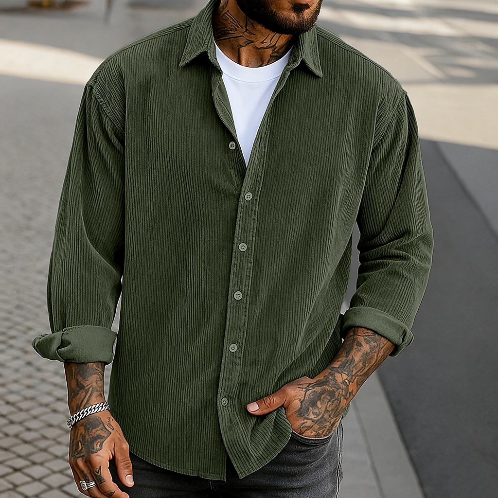 Men's Shirt Casual Shirt Corduroy Shirt Button Up Shirt Black khaki Army Green Gray Long Sleeve Solid Color Turndown Casual Outdoor Warm Clothing Apparel Vintage Casual