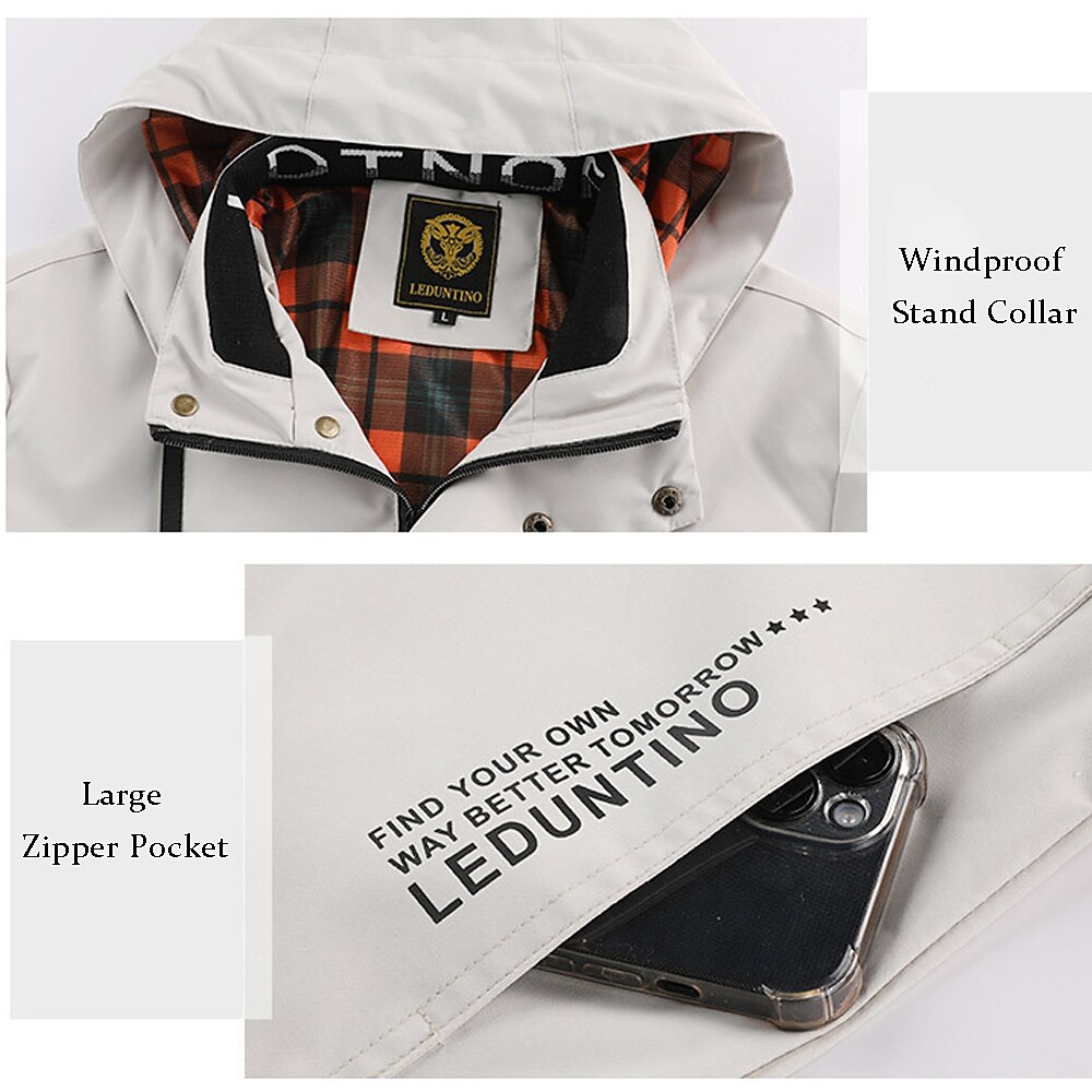 Men's Cow Print Windbreaker Hooded Jacket Parka Waterproof Windproof Multi-Pockets Casual Outdoor Camping & Hiking Detachable Hood Full Zip Coat Outerwear Fall Winter Stand Collar Long Sleeve Black