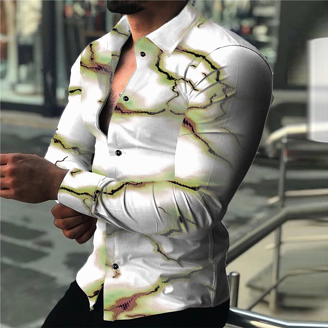 Men's Lightning Shirt Long Sleeve Fashion Designer Casual Outdoor Holiday Summer Spring Turndown Print Button-Down Blue Light Yellow Black White Yellow