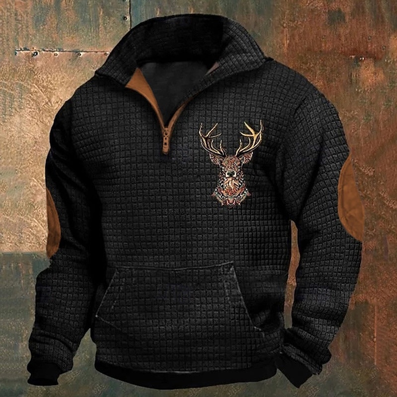 Men's Waffle Sweatshirt Quarter Zip Sweatshirt Black Navy Blue Khaki Dark Gray Gray Half Zip Reindeer Print Christmas Daily Holiday Streetwear Casual Spring &  Fall Clothing Apparel Hoodies