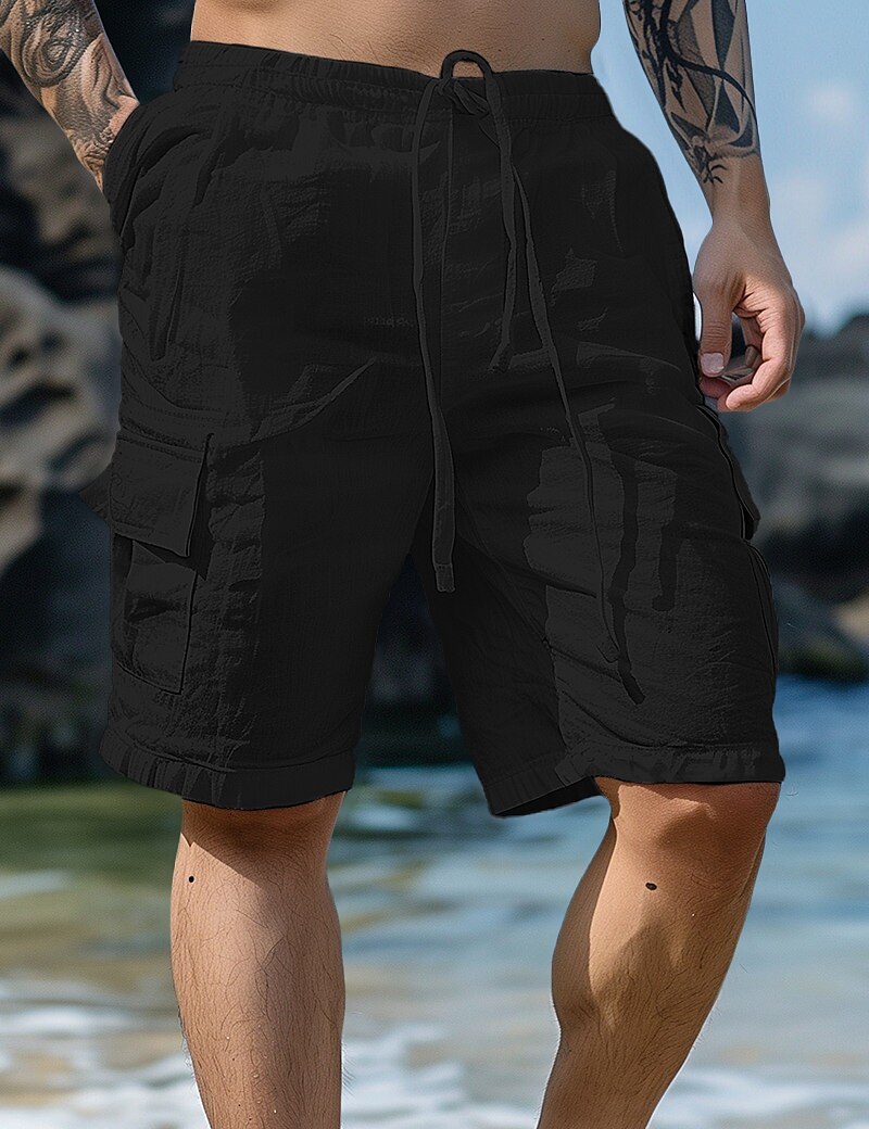 Men's Shorts Linen Shorts Summer Shorts Beach Shorts Drawstring Elastic Waist Multi Pocket Plain Knee Length Outdoor Beach Hawaiian Casual ArmyGreen Black Inelastic