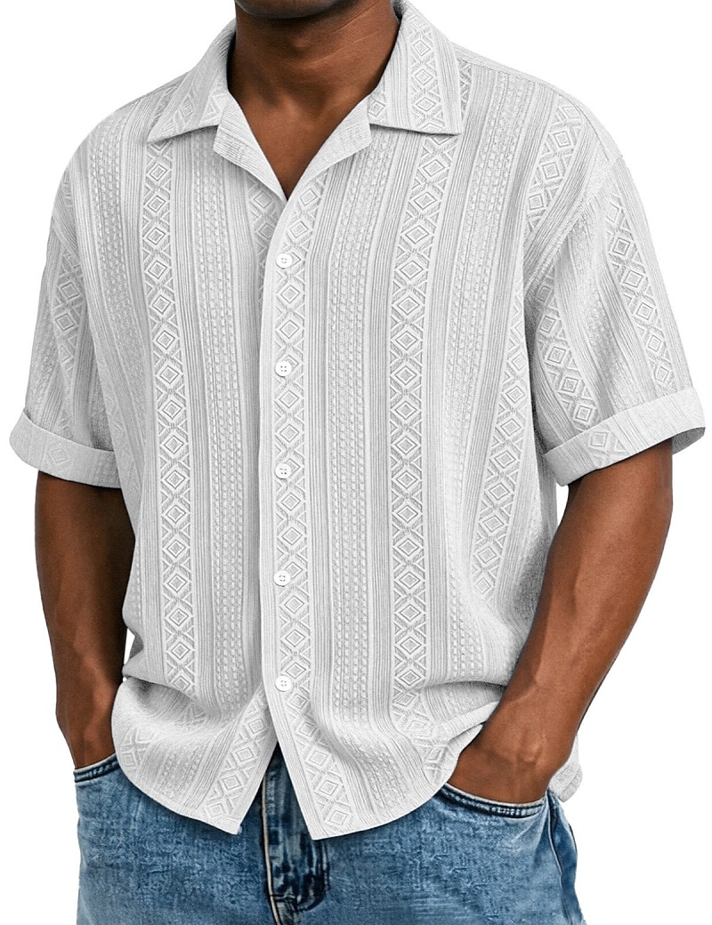 Men's Shirt Texture Button Down Shirt Jacquard Shirt Black White Light Green Navy Blue Purple Short Sleeve Geometric Lapel Daily Outdoor Jacquard Clothing Apparel Streetwear Casual