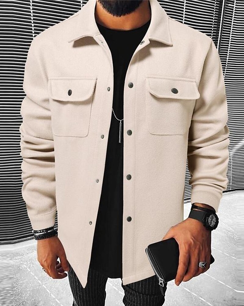 Men's Shirt Jacket Casual Jacket Vacation Daily Breathable Pocket Spring Fall Plain Fashion Classic Lapel Regular Dark Gray Black Navy Blue Khaki Light Grey Jacket