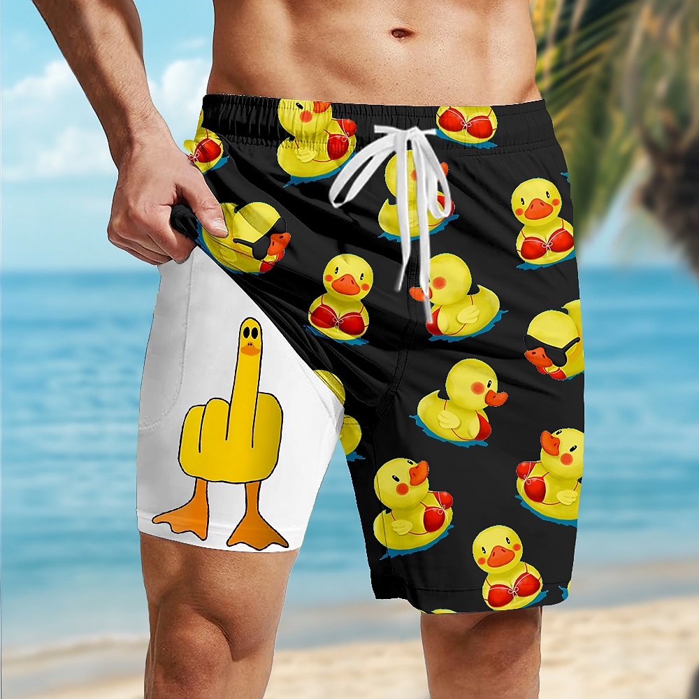Men's Little Yellow Duck Funny Lined Shorts 2 in 1 Board Shorts Swim Shorts Mid Waist Hawaiian Vacation Beach Wear Side Pockets With Compression Liner Elastic Drawstring Waist Designer Clothing