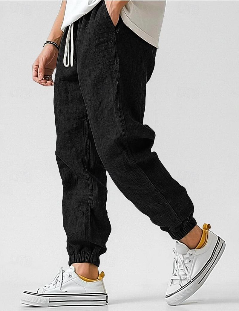 Men's Linen Pants Trousers Summer Pants Elastic Waist Straight Leg High Rise Solid Color Comfort Breathable Full Length Wedding Holiday Vacation Fashion Gray Green Black High Waist Inelastic
