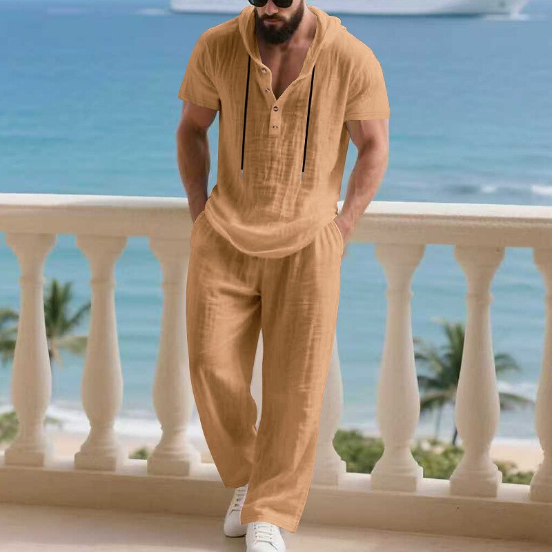 Men's T-shirt Suits Shirt and Pant Sets 2 Pieces Outfits Short Sleeve Hooded Summer Spring Plain Fashion Casual Drawstring 2 Piece Buttons Vacation Daily Wear Going out Black White Yellow Top Tee for