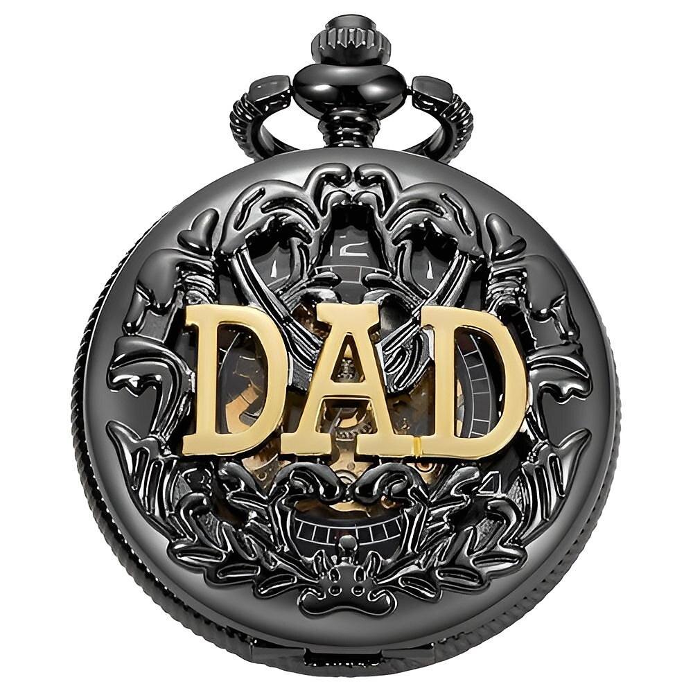 Black Engraved Mechanical Pocket Watch for Dad Vintage Skeleton Design with Chain Gift for Father Classic Timepiece
