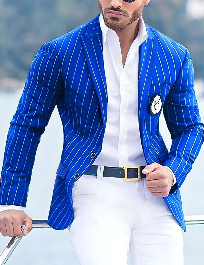 Men's Graduation Blazer Cocktail Attire Business Formal Evening Wedding Party Only tops Fashion Casual Summer Spring &  Fall Polyester Stripes Pocket Casual / Daily Single Breasted Blazer Black White