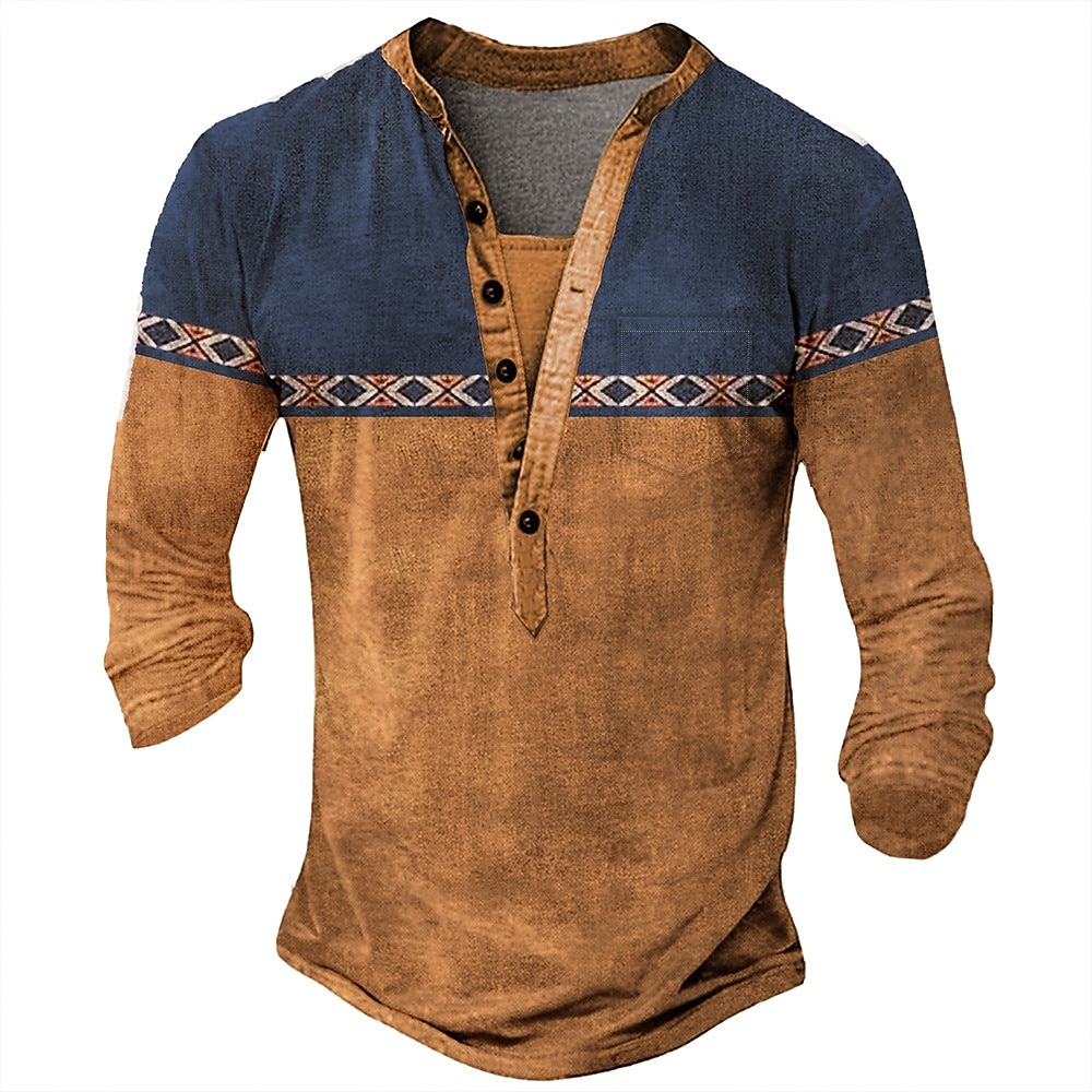 Men's Geometric Ethnic Henley Shirt Tee Long Sleeve Ethnic Casual Summer Spring Fall Lake blue Dark Gray Black Green Light Blue Henley Henley T-Shirt