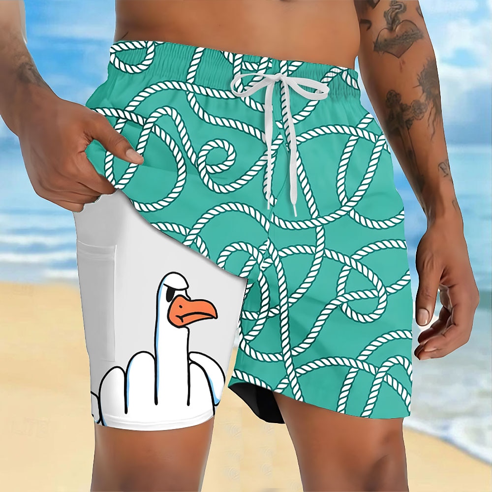 Men's Animal Funny Duck Lined Shorts 2 in 1 Board Shorts Swim Shorts Mid Waist Hawaiian Vacation Holiday Beach Wear Side Pockets With Compression Liner Elastic Drawstring Waist Designer Clothing