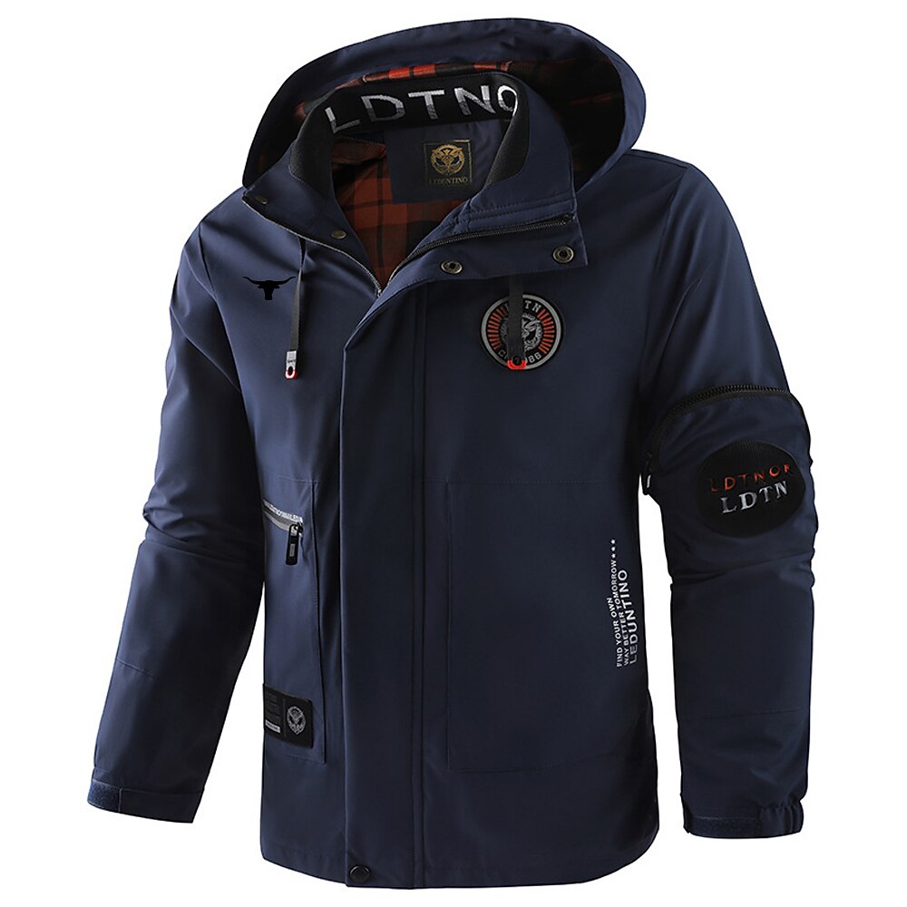 Men's Cow Print Windbreaker Hooded Jacket Parka Waterproof Windproof Multi-Pockets Casual Outdoor Camping & Hiking Detachable Hood Full Zip Coat Outerwear Fall Winter Stand Collar Long Sleeve Black