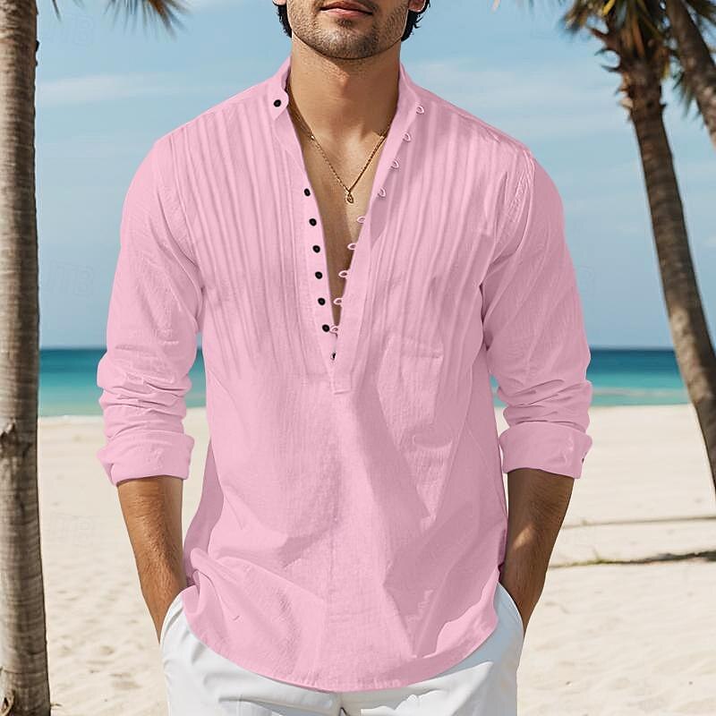 Men's Popover Casual Long Sleeve Plain Band Collar Daily Vacation Patchwork Clothing Apparel Fashion Casual Comfortable Shirt