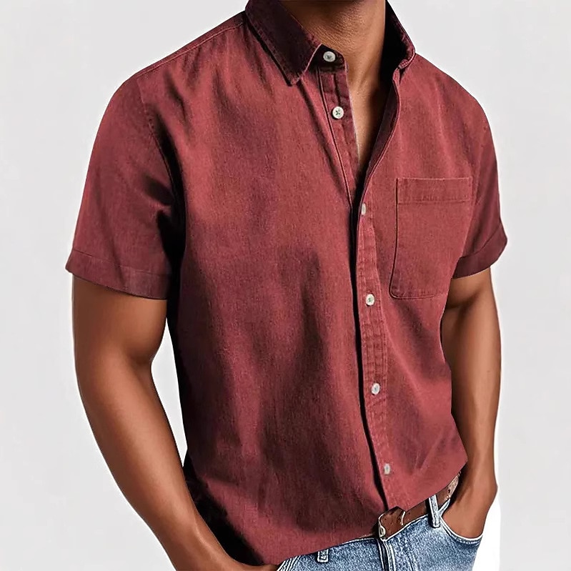 Men's Cotton Shirt Casual Shirt Button Up Shirt Black White Pink Red Navy Blue Short Sleeve Plain Lapel Casual Daily Front Pocket Clothing Apparel Elegant Fashion Casual