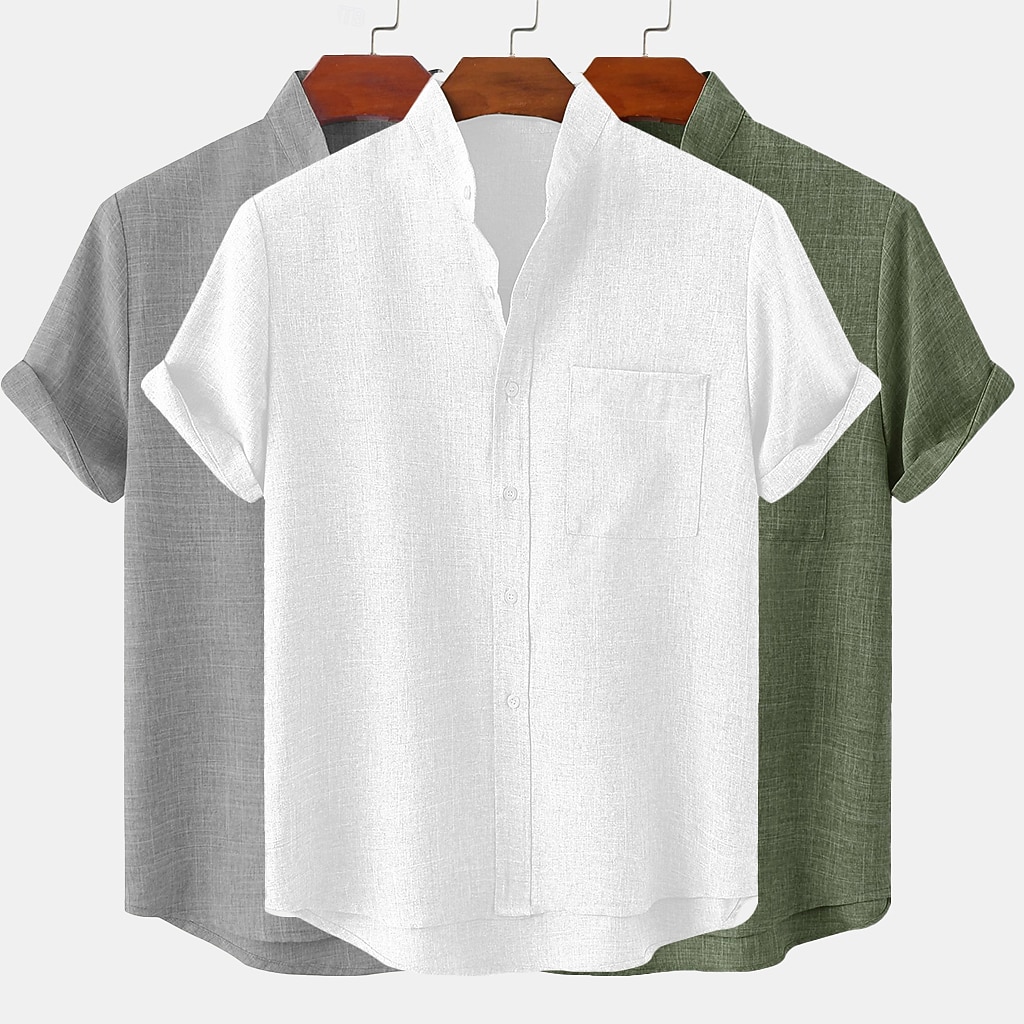 3-Pack Men's Linen Shirt Summer Shirt Casual Shirt Band Collar Shirt Plain Casual Beach Black+Gray+Green Black+White+Gray black+white+green black+khaki+green Short Sleeve Stand Collar Spring & Summer Summer