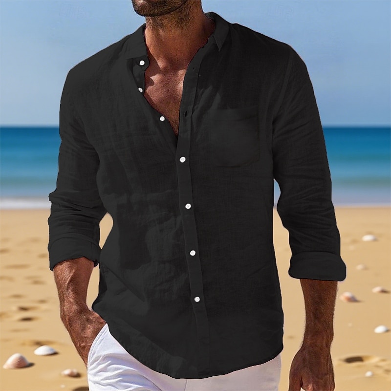 Men's Shirt Linen Shirt Summer Shirt Button Down Shirt Beach Shirt Untucked Shirts Plain Vacation Daily Wear Black White Light Green Pink Long Sleeve Turndown Summer Spring &  Fall Clothing Apparel