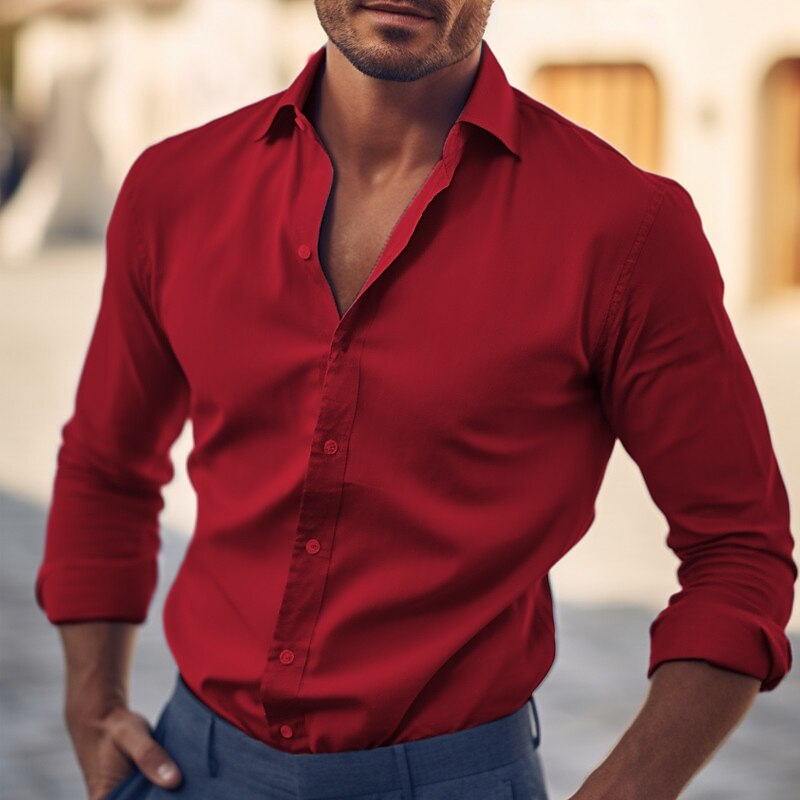 Men's Shirt Dress Shirt Light Blue Black White Long Sleeve Plain Lapel Summer Office & Career Wedding Party Clothing Apparel