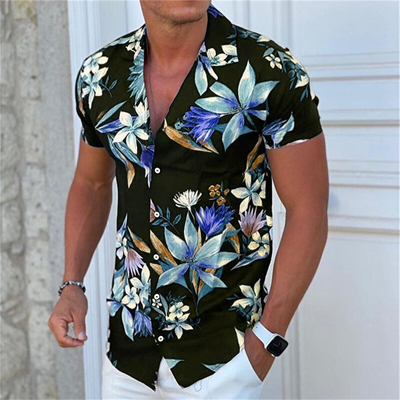 Men's Shirt Camp Collar Shirt Graphic Shirt Aloha Shirt Floral Turndown Black White Yellow Blue Purple Print Outdoor Street Short Sleeve Button-Down Clothing Apparel Fashion Designer Casual Breathable