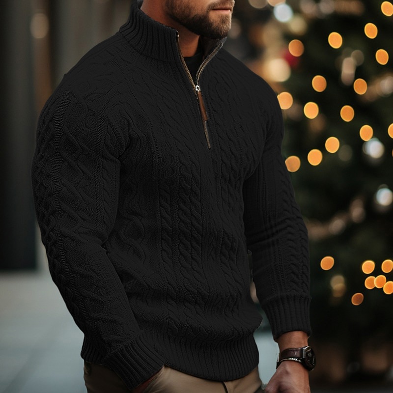 Men's Christmas Sweaters Pullover Sweater Jumper Cable Knit Regular Tops Knitted Quarter Zip Plain Stand Collar Modern Contemporary Xmas Work Clothing Apparel Winter Black White M L XL