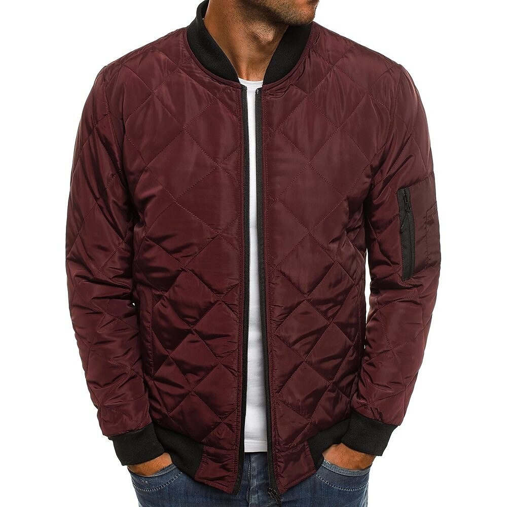 Men's Bomber Quilted Jacket Diamond Padded Jacket Winter Outdoor Chunky Varsity Flight Windproof Warm Trench Coat Top Quilted Seams Cotton Outwear Overcoat Full Zipper Camping Hiking Hunting Fishing