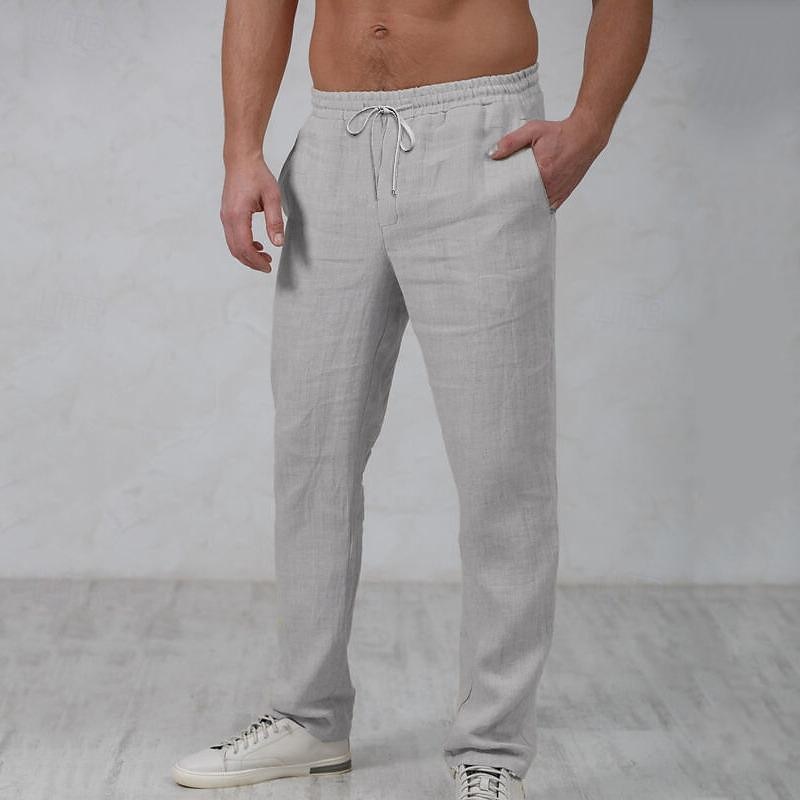 Men's Linen Pants Trousers Summer Pants Beach Pants Drawstring Elastic Waist Straight Leg Plain Comfort Outdoor Casual Daily Streetwear Stylish White Navy Blue