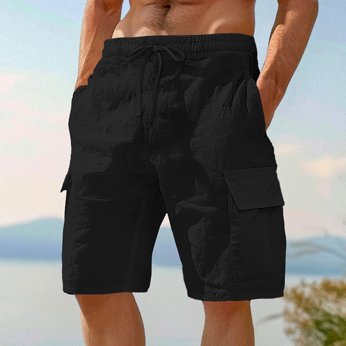 Men's Cargo Shorts Linen Shorts Summer Shorts Beach Shorts Elastic Waist Drawstring Multi Pocket Plain Knee Length Outdoor Beach Vacation Hawaiian Black White Inelastic