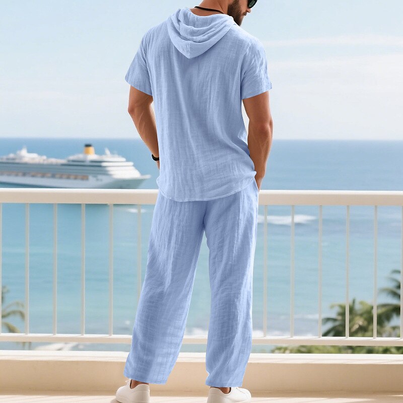 Men's T-shirt Suits Shirt and Pant Sets 2 Pieces Outfits Short Sleeve Hooded Summer Spring Plain Fashion Casual Drawstring 2 Piece Buttons Vacation Daily Wear Going out Black White Yellow Top Tee for