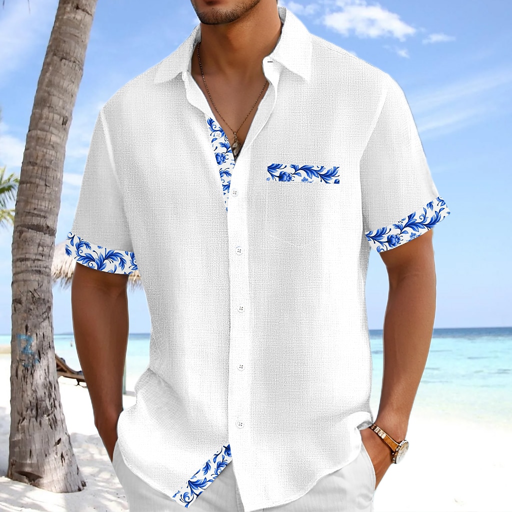 Men's Shirt Linen Shirt Summer Shirt Beach Shirt Plaid Vacation Holiday White Pink Navy Blue Light Blue Short Sleeve Collar Summer Clothing Apparel
