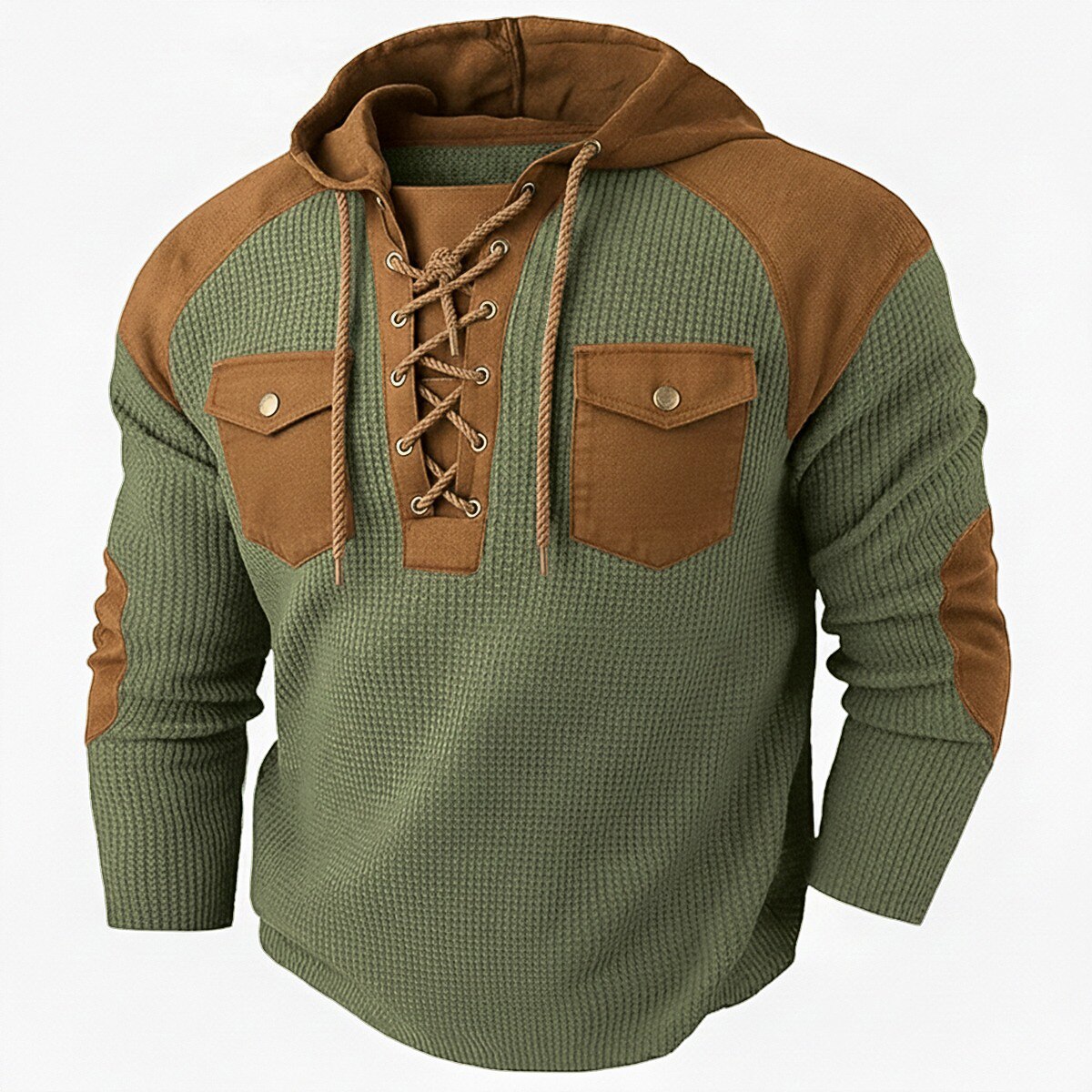 Men's Waffle T-shirt T Shirt Waffle Henley Shirt Shirts With Elbow Patches Long Sleeve Hooded Lace Up Neck Fall Winter Spring &  Fall Solid Color Traditional / Vintage Casual Drawstring Casual Home
