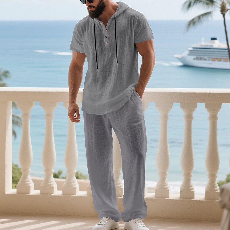 Men's T-shirt Suits Shirt and Pant Sets 2 Pieces Outfits Short Sleeve Hooded Summer Spring Plain Fashion Casual Drawstring 2 Piece Buttons Vacation Daily Wear Going out Black White Yellow Top Tee for