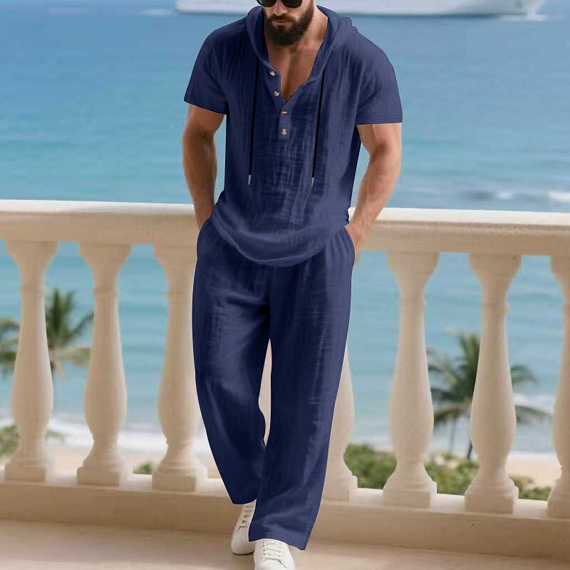 Men's T-shirt Suits Shirt and Pant Sets 2 Pieces Outfits Short Sleeve Hooded Summer Spring Plain Fashion Casual Drawstring 2 Piece Buttons Vacation Daily Wear Going out Black White Yellow Top Tee for