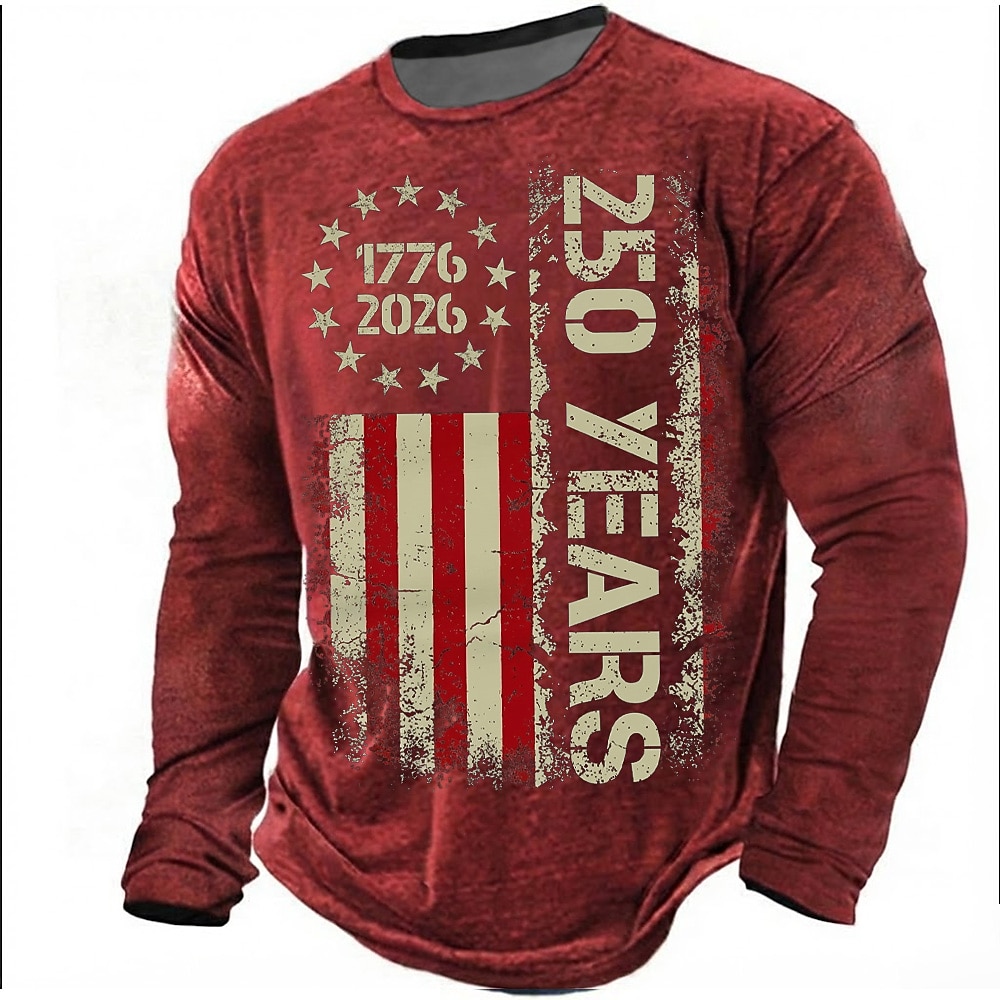 America's 250th Anniversary Men's American US Flag T Shirt Long Sleeve T shirt 3D Print Crew Neck Shirt Daily Casual Daily Travel Party Blue Black Red Summer Spring Fall Clothing Apparel S M L XL XXL
