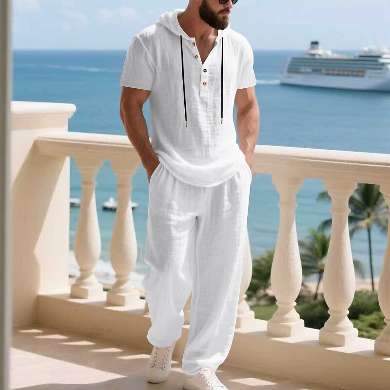 Men's T-shirt Suits Shirt and Pant Sets 2 Pieces Outfits Short Sleeve Hooded Summer Spring Plain Fashion Casual Drawstring 2 Piece Buttons Vacation Daily Wear Going out Black White Yellow Top Tee for