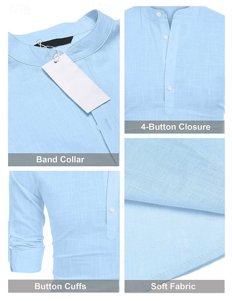 Men's Linen Shirt Popover Shirt Casual Shirt Band Collar Shirt Beach Shirt Black White Pink Blue Long Sleeve Plain Henley Spring & Summer Hawaiian Holiday Clothing Apparel