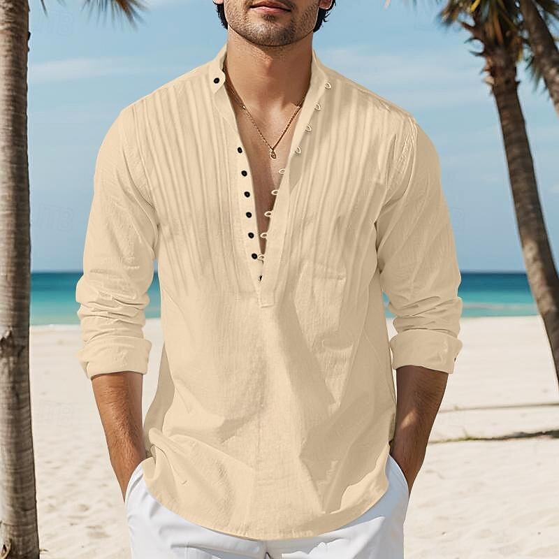 Men's Popover Casual Long Sleeve Plain Band Collar Daily Vacation Patchwork Clothing Apparel Fashion Casual Comfortable Shirt