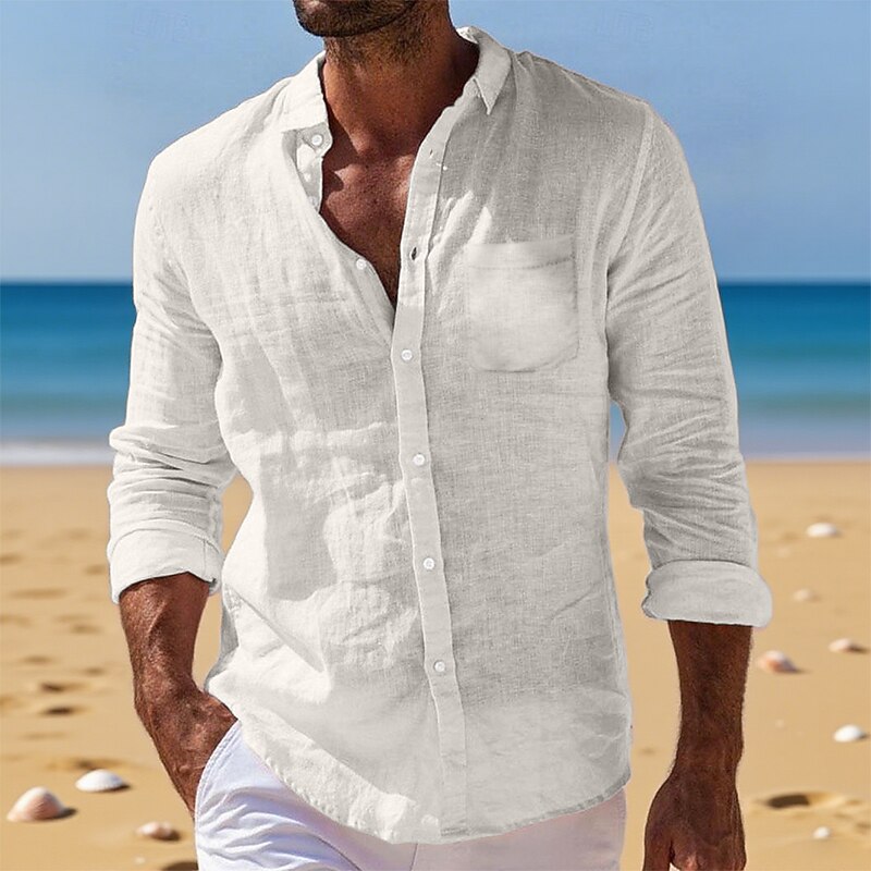 Men's Shirt Linen Shirt Summer Shirt Button Down Shirt Beach Shirt Untucked Shirts Plain Vacation Daily Wear Black White Light Green Pink Long Sleeve Turndown Summer Spring &  Fall Clothing Apparel