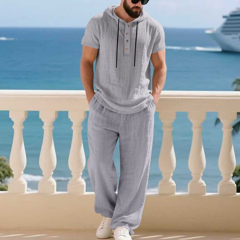 Men's T-shirt Suits Shirt and Pant Sets 2 Pieces Outfits Short Sleeve Hooded Summer Spring Plain Fashion Casual Drawstring 2 Piece Buttons Vacation Daily Wear Going out Black White Yellow Top Tee for