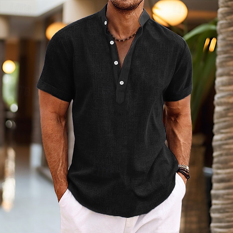 Men's Shirt Linen Shirt Band Collar Shirt Popover Shirt Summer Shirt Beach Wear Plain Casual Daily Black White Pink Green Short Sleeve Henley Summer Clothing Apparel