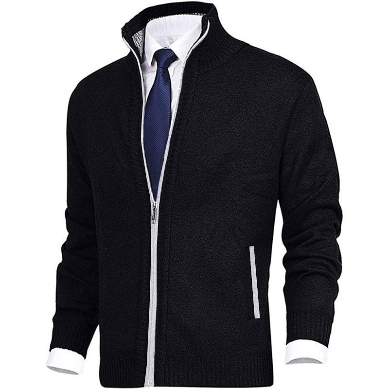 Men's Sweater Cardigan Sweater Dress Zip Sweater Ribbed Knit Zipper Pocket Solid Color Stand Collar Warm Ups Modern Contemporary Daily Wear Going out Clothing Apparel Fall Winter Black Dark