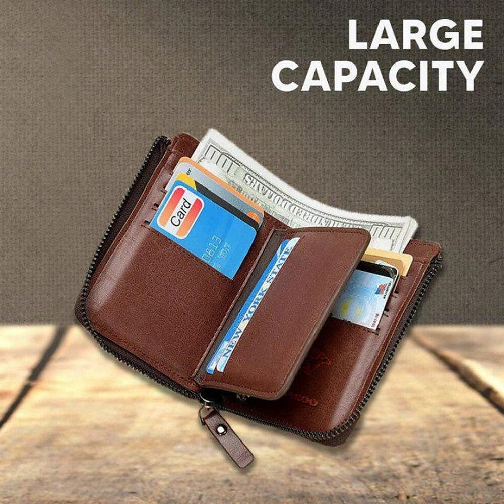 Kangaroo Men’s RFID Blocking PU Leather Wallet with Zipper, Multi-Slot Credit Card Holder, Business Purse