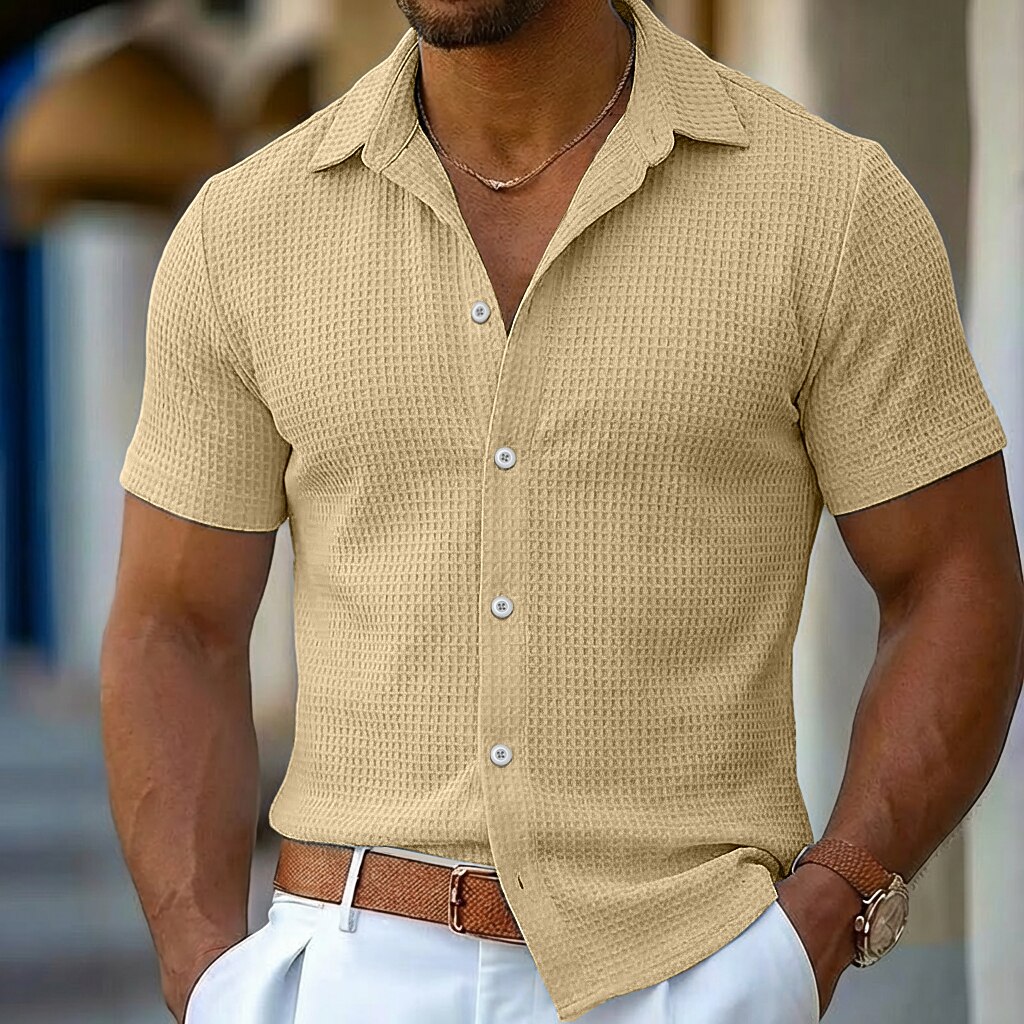 Men's Shirt Waffle Shirt Texture Casual Shirt Button Up Shirt Blue Black White Pink khaki Short Sleeve Plain Lapel Casual Daily Clothing Apparel Fashion Modern Casual Comfortable