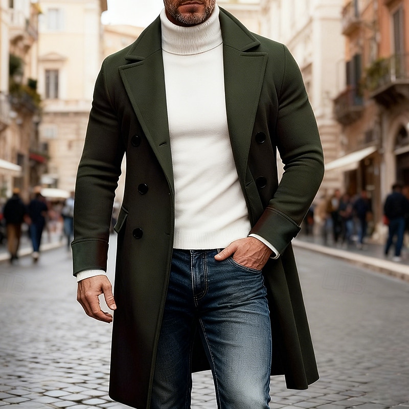 Men's Winter Coat Overcoat Long Trench Coat Trench Coat Outdoor Casual Fall Winter Polyester Thermal Warm Outerwear Clothing Apparel Classic Plain Pocket Notch lapel collar