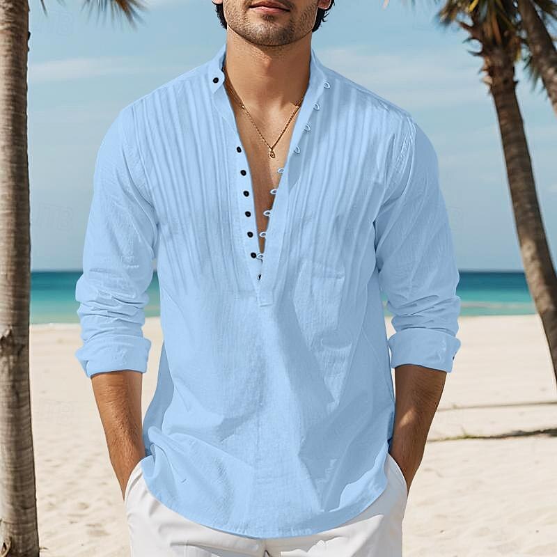 Men's Popover Casual Long Sleeve Plain Band Collar Daily Vacation Patchwork Clothing Apparel Fashion Casual Comfortable Shirt