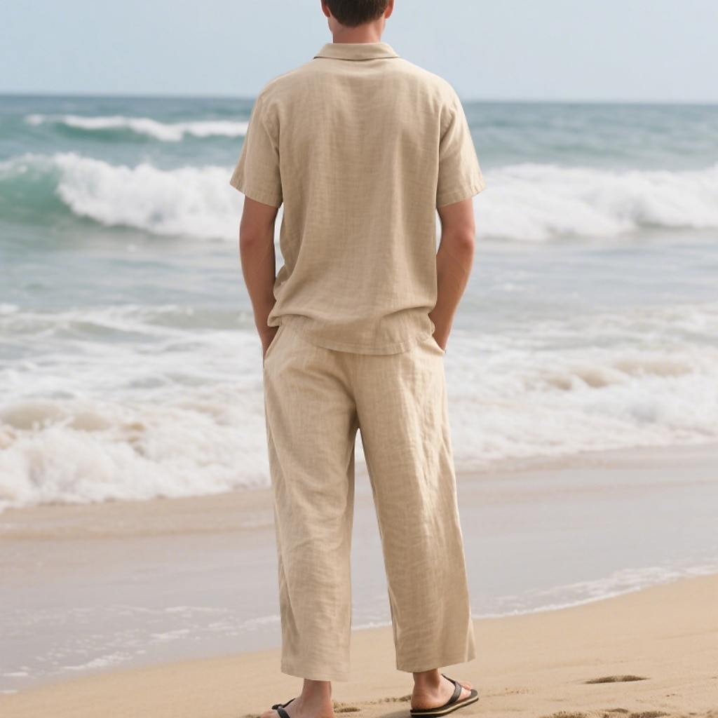 2-Piece Men's Linen Shirt  Popover Shirt And Linen Pants Trousers Casual Pants Set Plain Daily Outdoor Beach Turndown Short Sleeve Summer Spring Fashion Casual Comfortable Clothing Apparel